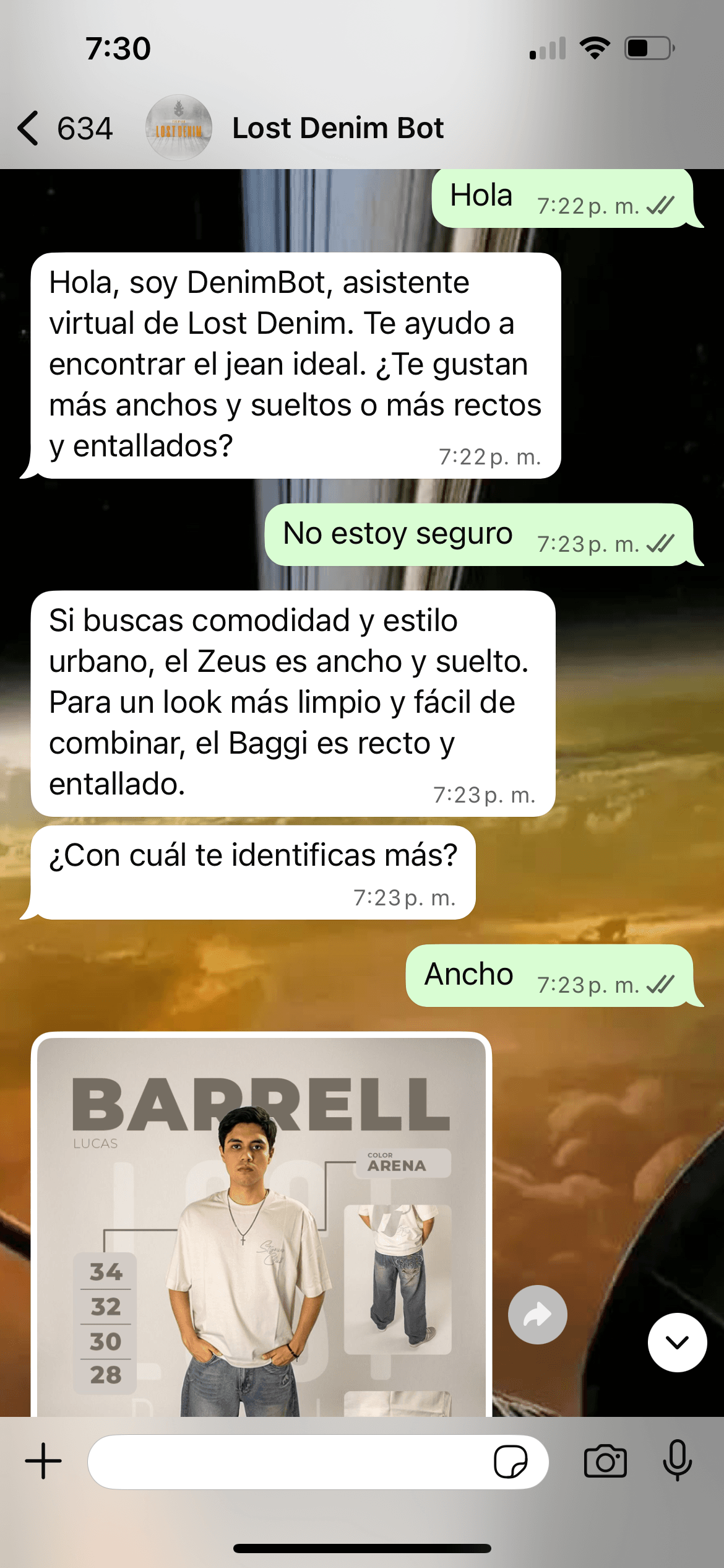 DenimBot presentándose y detectando estilo del cliente