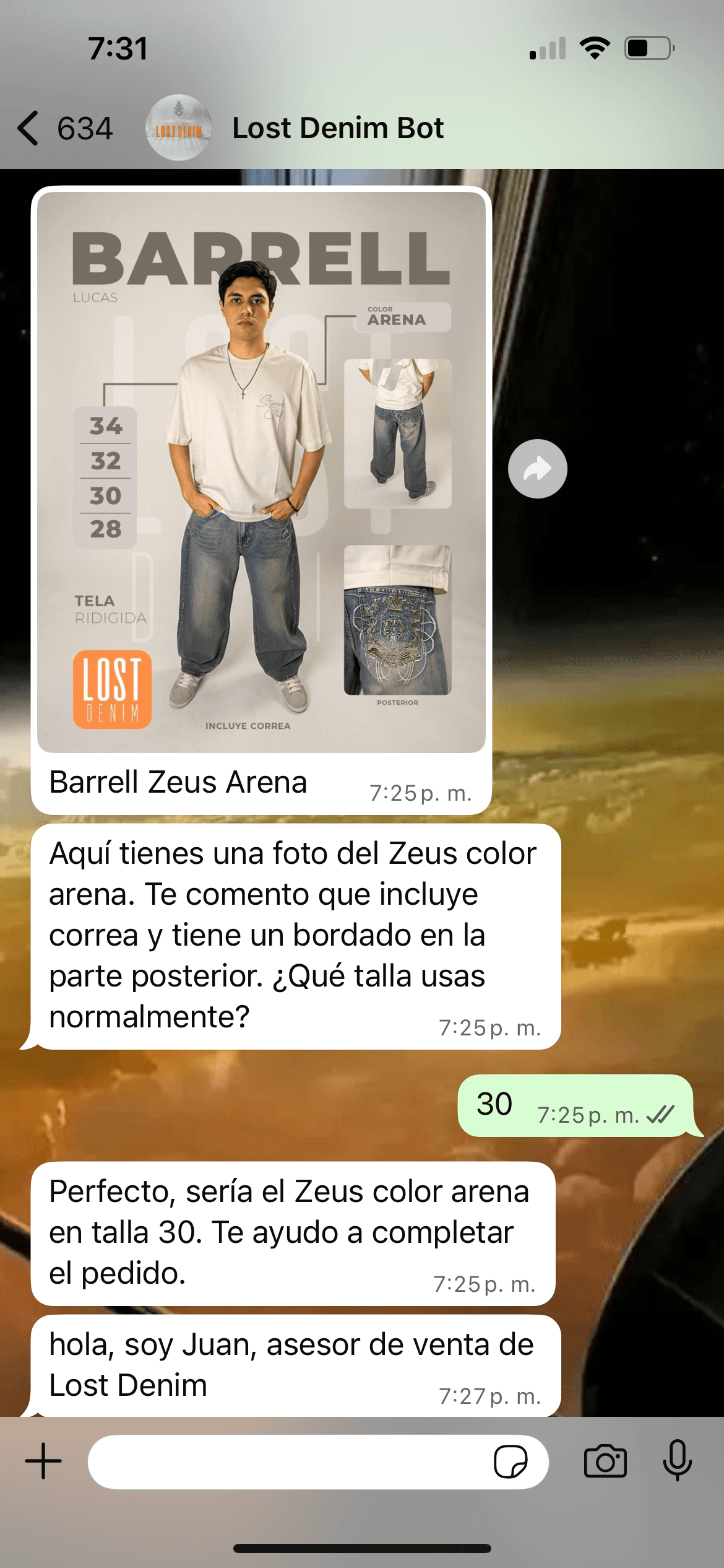 DenimBot confirmando pedido y transfiriendo al asesor humano
