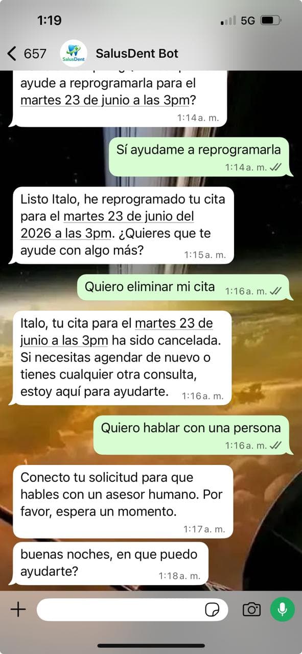 SalusDent Bot cancelando la cita y transfiriendo a un asesor humano
